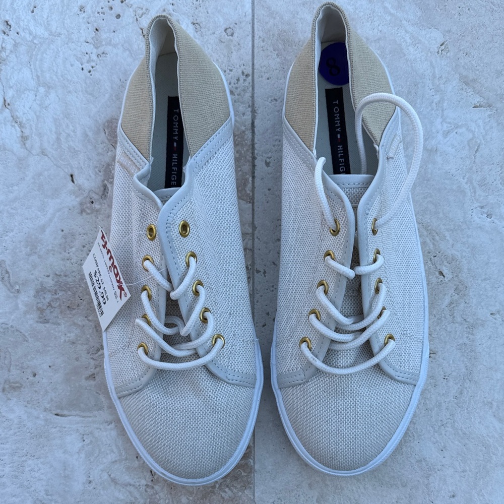 Tommy Hilfiger Off-White Canvas Sneakers with Gold Accents